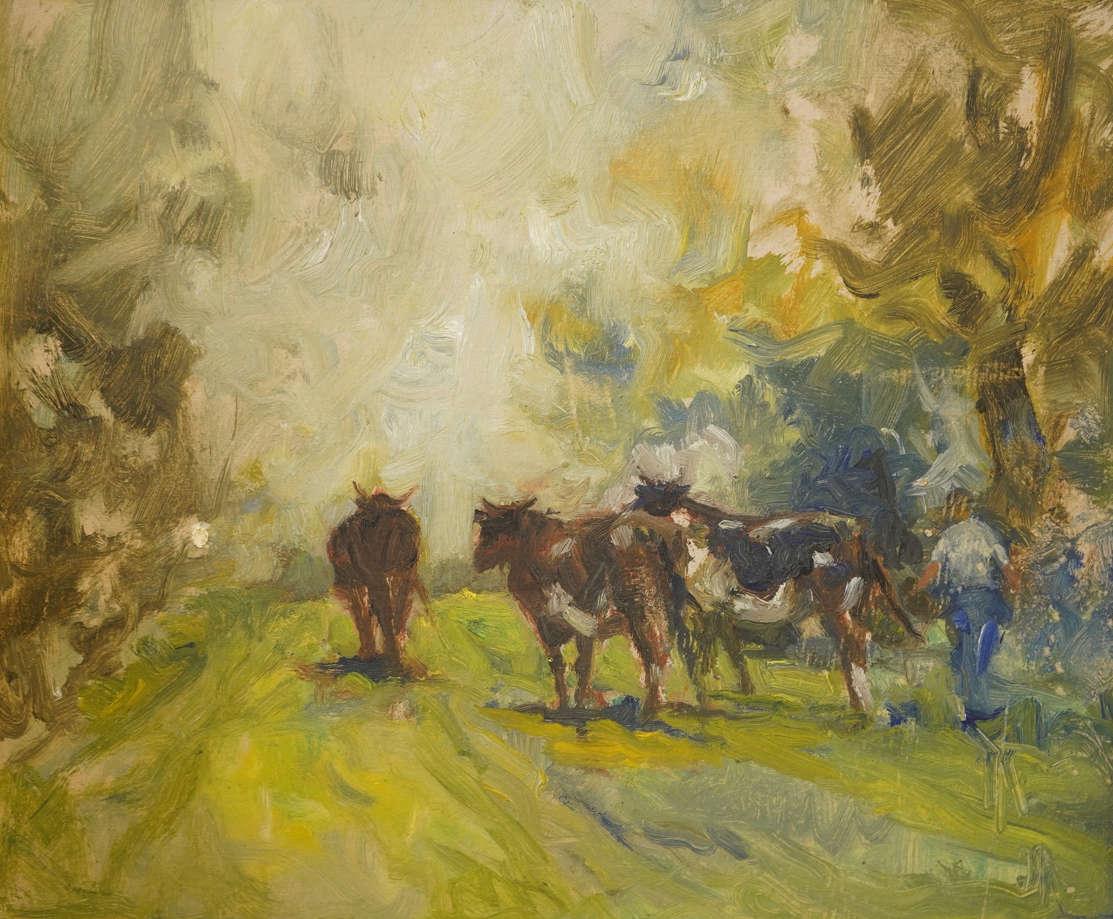 Arthur Spooner (1873-1962), Herding cattle, oil on board, unsigned, 29 x 35cm, Provenance - Artists summer studio, East coast.